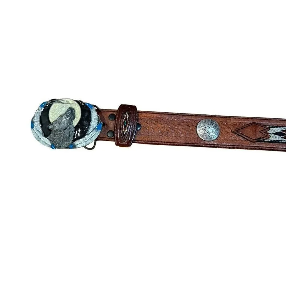 Siskiyou Vintage Belt Wolf & Feathers Enameled w/ Leather Belt  L